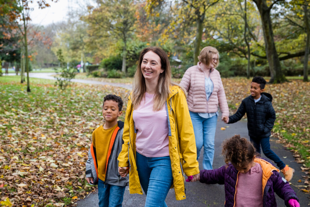 Family walking in park