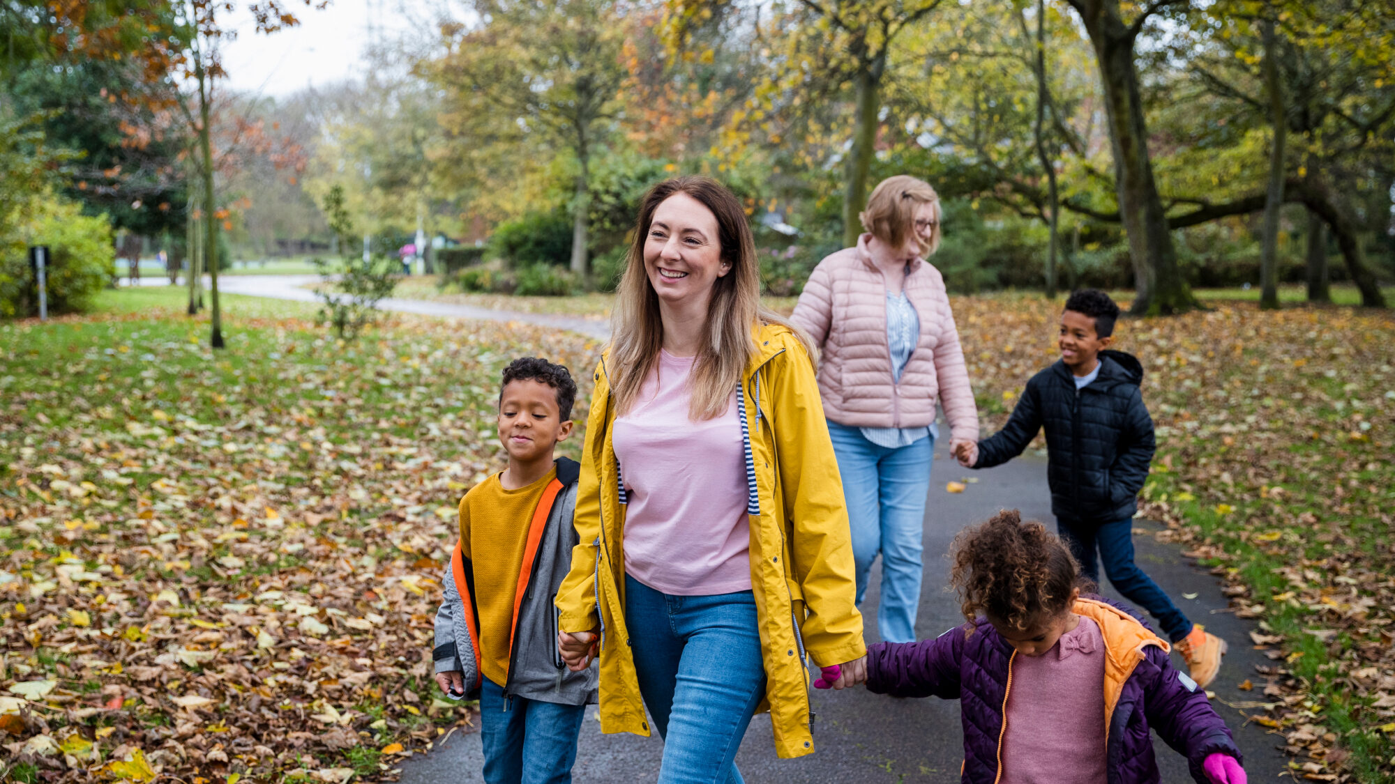 Family walking in park