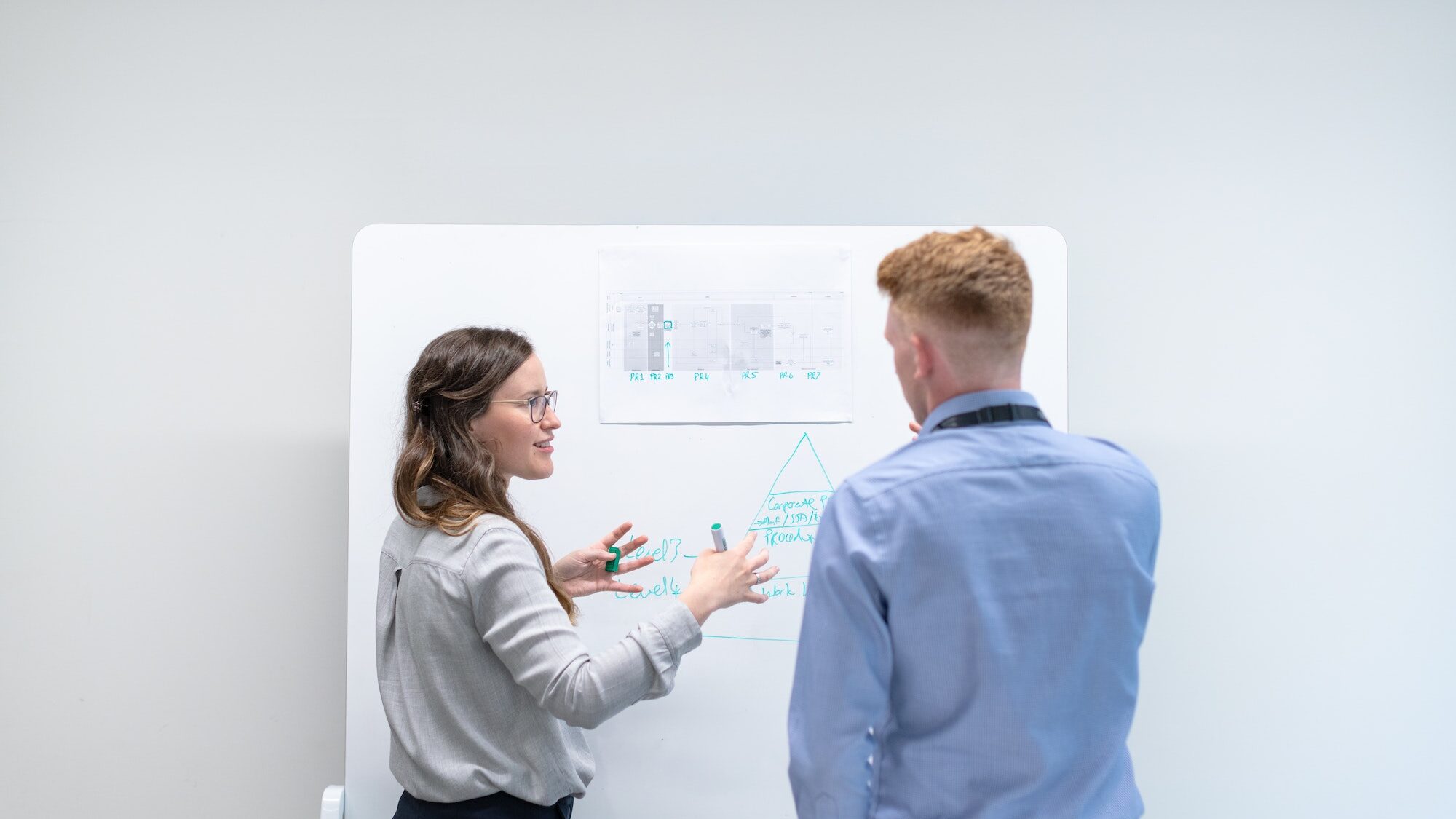Two people having a discussion in front of a white board